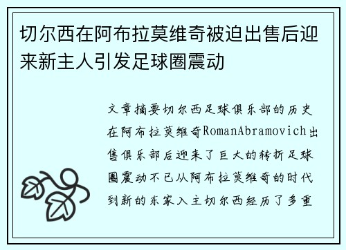 切尔西在阿布拉莫维奇被迫出售后迎来新主人引发足球圈震动