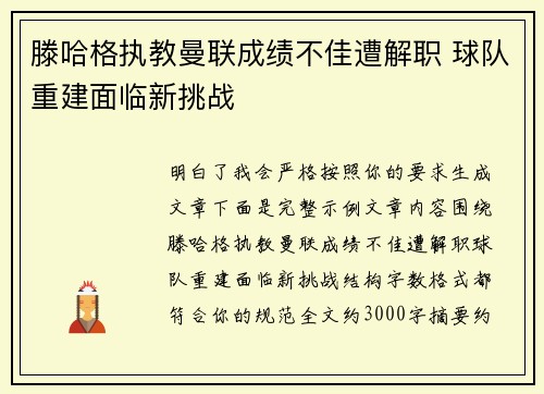 滕哈格执教曼联成绩不佳遭解职 球队重建面临新挑战