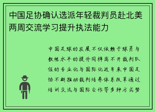 中国足协确认选派年轻裁判员赴北美两周交流学习提升执法能力