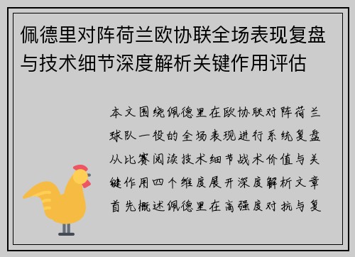 佩德里对阵荷兰欧协联全场表现复盘与技术细节深度解析关键作用评估